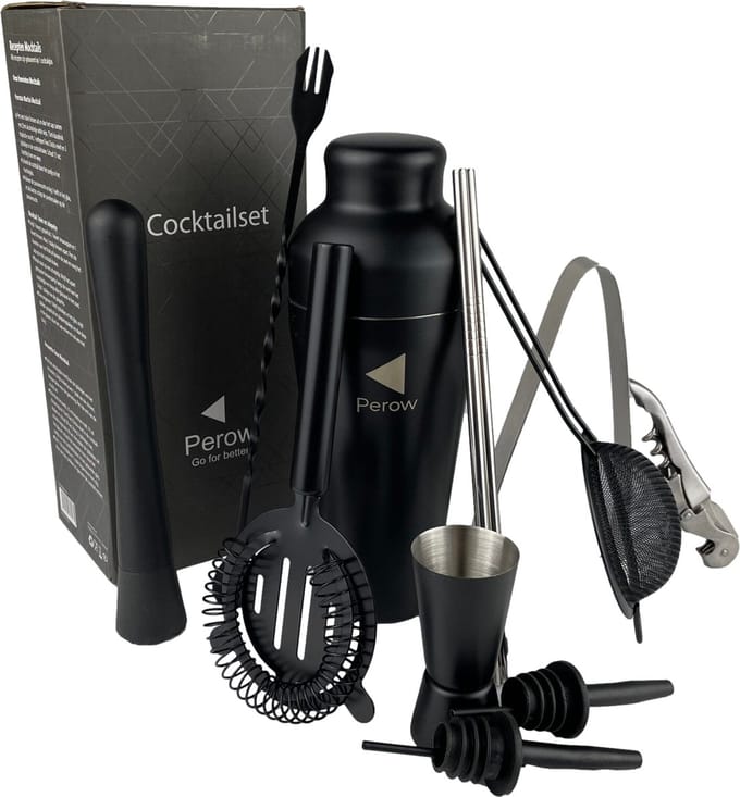 Perow - Cocktail Set - 12 Delig - Cocktail Shaker 600ml - Mat Zwart