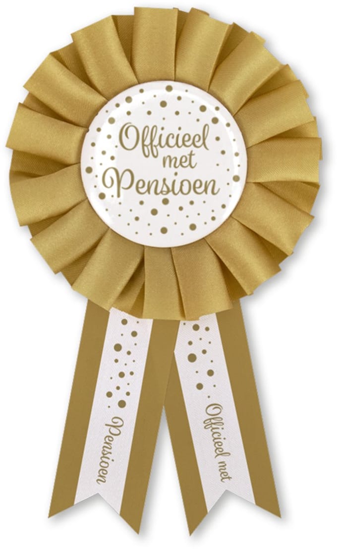 Q2P - Pensioen Rozet - Pensioen Versiering - Wit & Goud - Feest - Buttons - Rosette