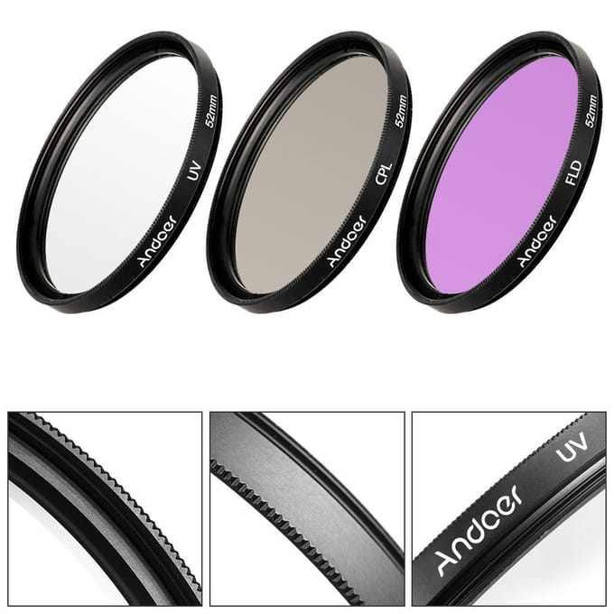 Andoer 52mm Filterkit (UV+CPL+FLD) + Nylon Draagtas + Lensdop + Lensdophouder + Zonnekap + 52 mm black