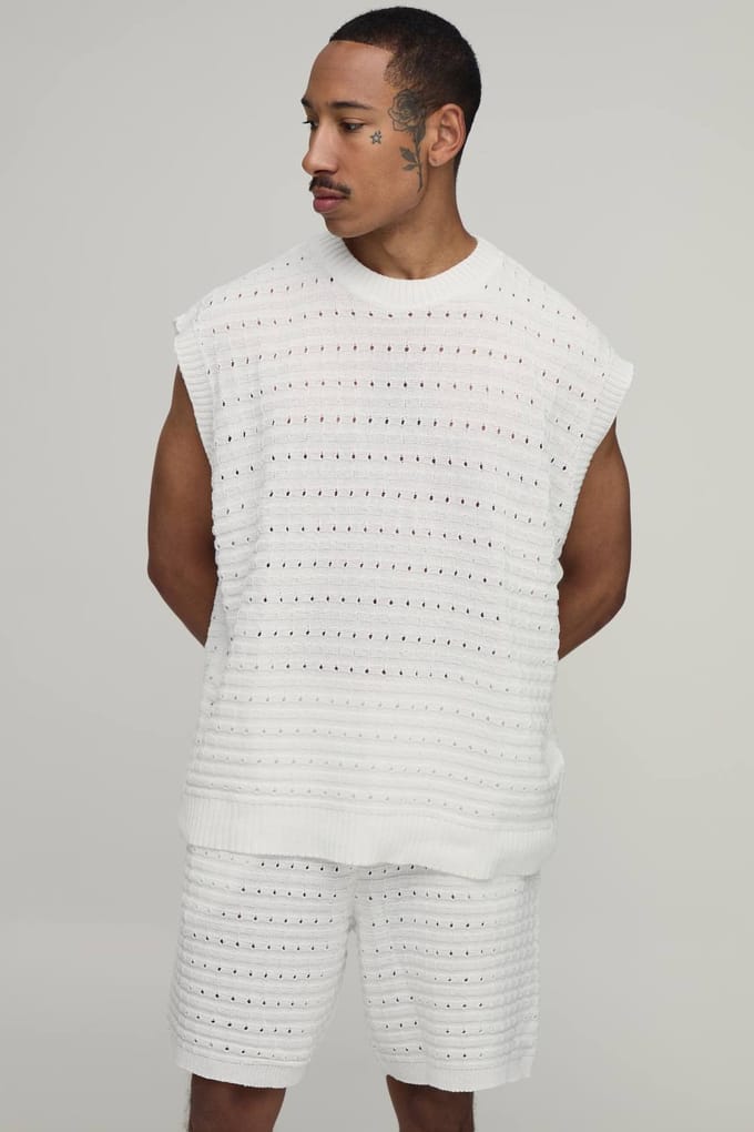 Oversized Open Steek Katoenmix Gebreide Tanktop En Short Set | Ecru | Size Medium
