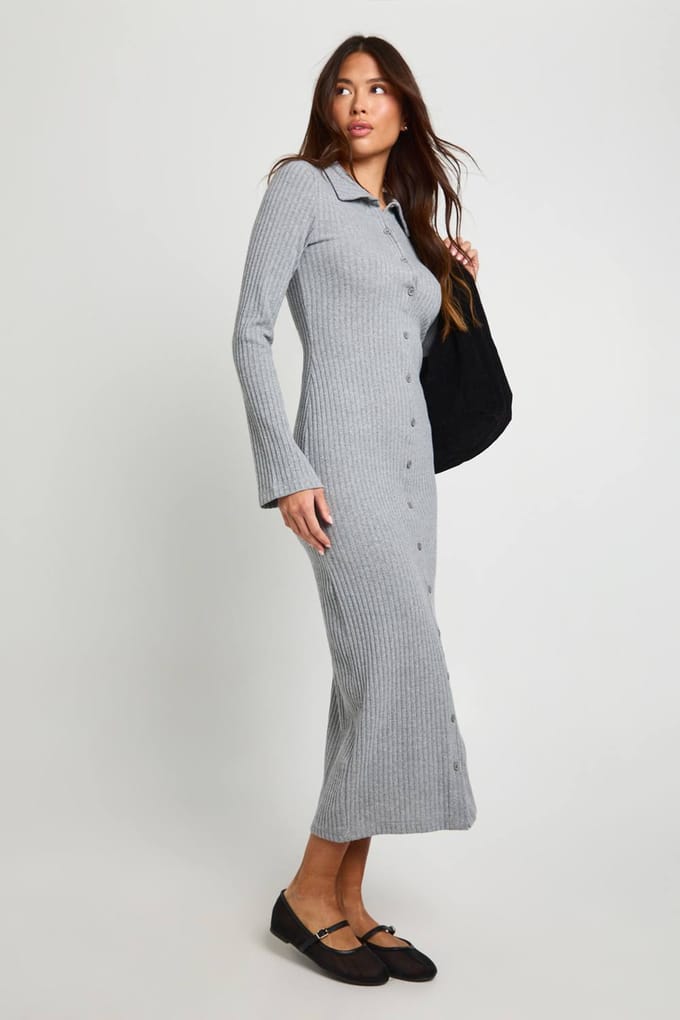 boohoo Dames Geribbeld overhemd met kraag en knopen, midaxi-jurk | Grijs | Maat: 36