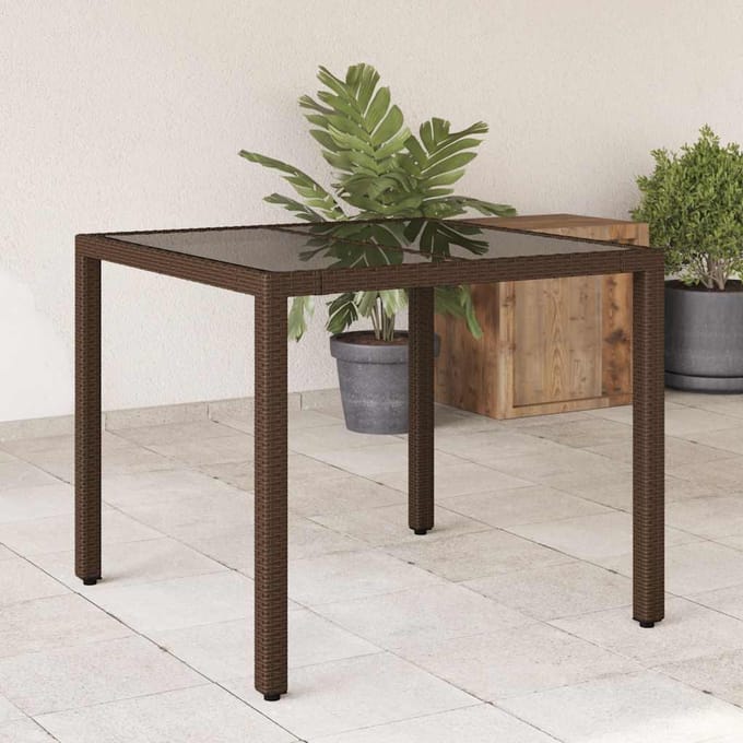 vidaXL - Tuintafel - met - glazen - blad - 90x90x75 - cm - poly - rattan - bruin