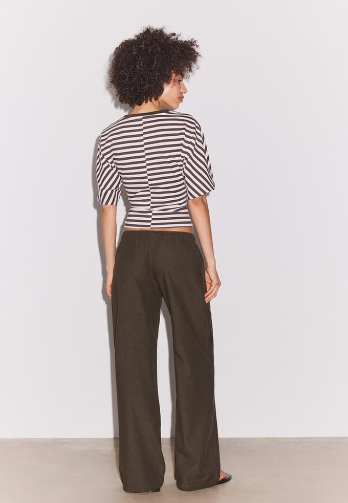 Stradivarius Broek met linnenlook en koord  Bruin M