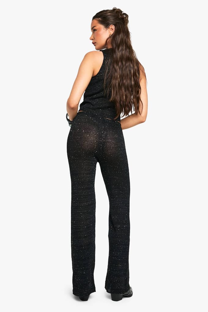 boohoo Dames Sequin Knit Sheer Wide Leg Gebreide Broek | Black | Maat: Medium
