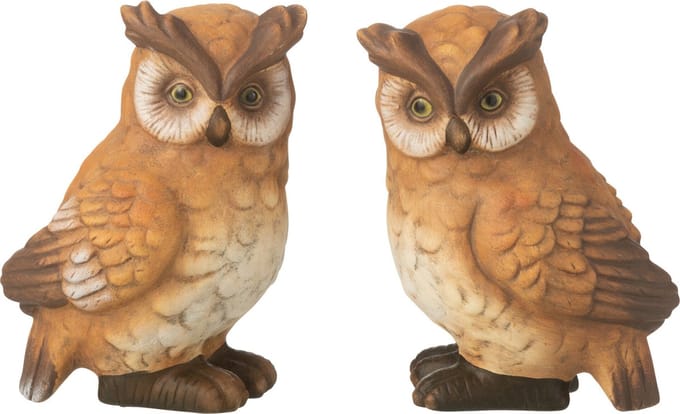 J-Line decoratie Uil - porselein - bruin - large - 2 stuks
