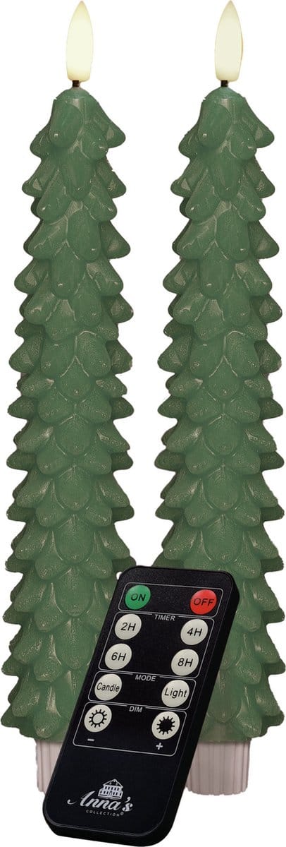 Anna's Collection LED kerstboom dinerkaarsen - 2x st - groen - 23 cm- afstandsbediening