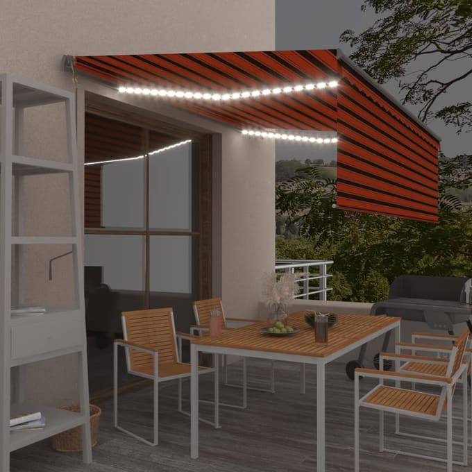 vidaXL - Luifel - met - rolgordijn, - LED - en - windsensor - 4,5x3 - m - oranje - bruin