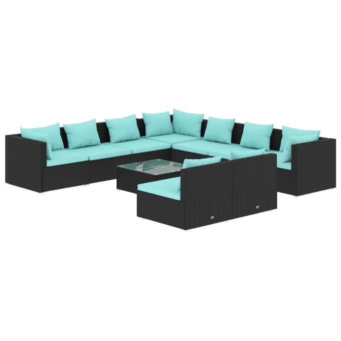 vidaXL - 10-delige - Loungeset - met - kussens - poly - rattan - zwart