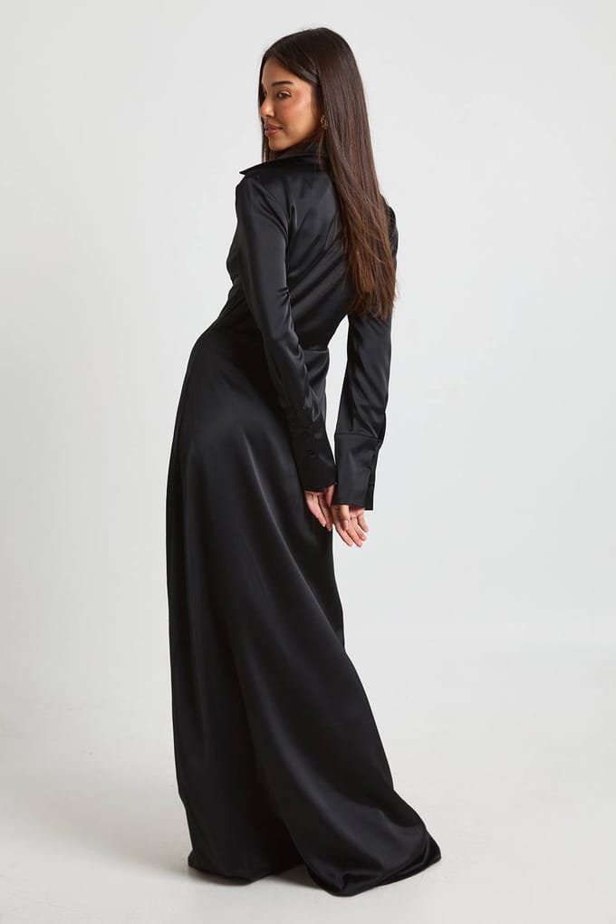 boohoo Dames Satijnen Drape Taille Lange Mouw Maxi Blousejurk | Zwart | Maat: 36