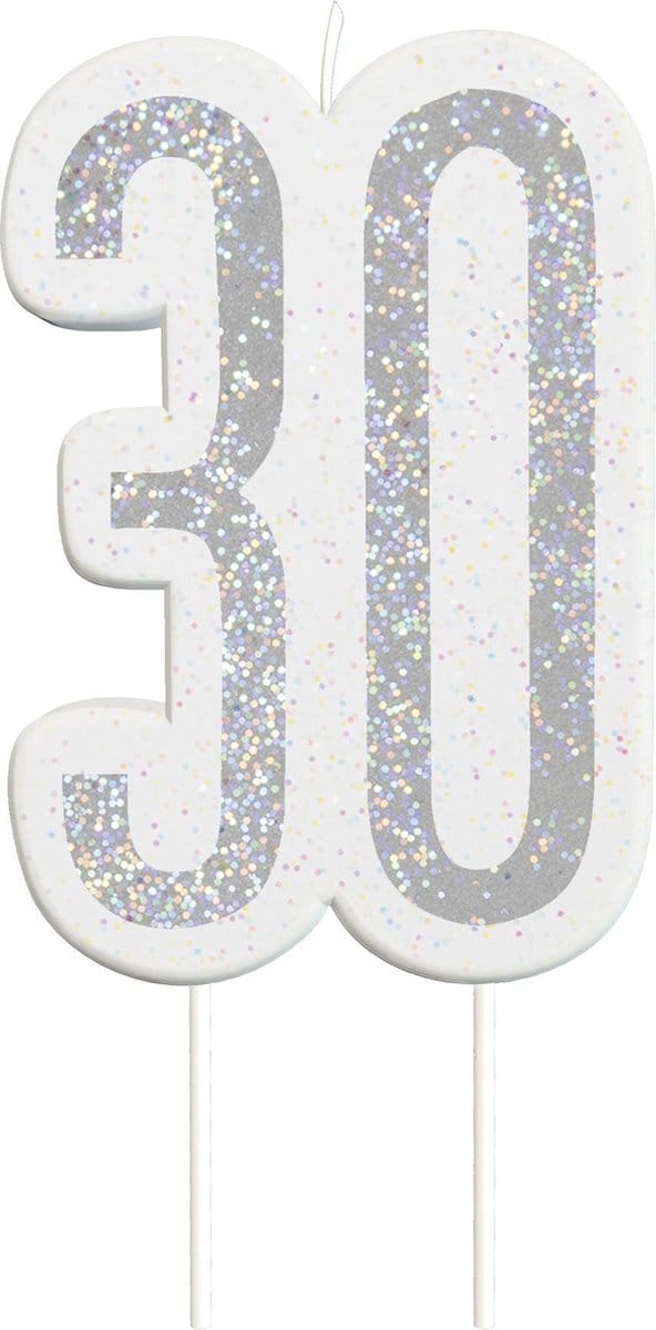 Kaars 30 Jaar Glitter Zilver 8,5cm