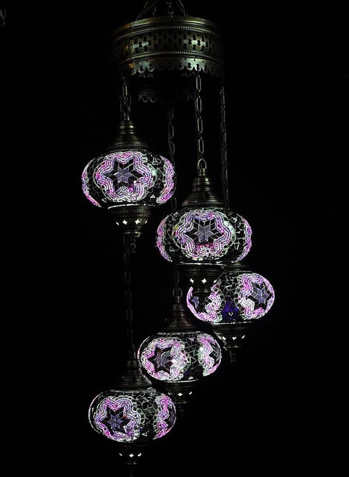 Turkse hanglamp - oosterse hanglamp - paars - 5 bollen - mozaïek glas