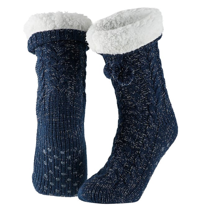 Dames huissok - Glitter - Fake bontkraag - Blauw - 36/41