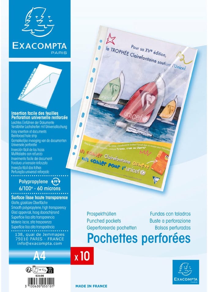 Exacompta Pak van 10 geperforeerde showtassen- zijdelingse opening - gladde PP 6/100ste - A4 - Transparant - 5310E