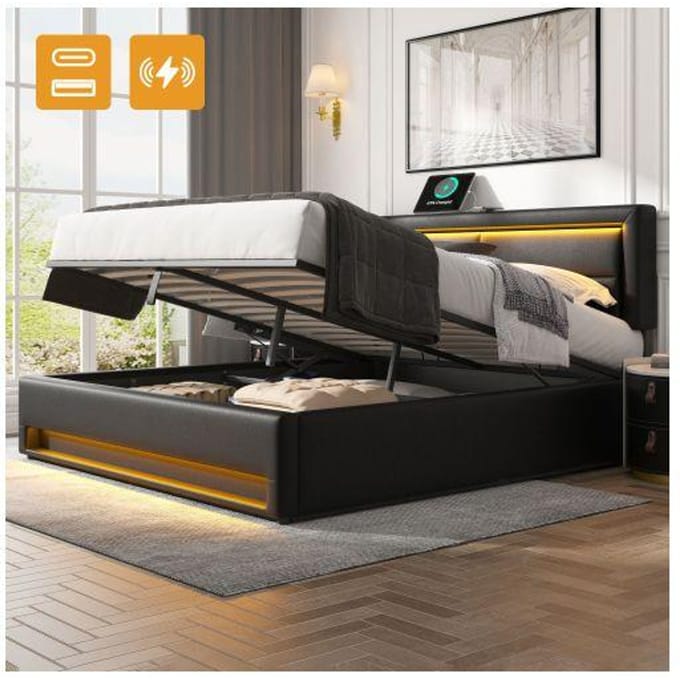 Lit rembourré - MUVOE - 140x190 cm - USB - Éclairage LED - Rangement sous le lit noir