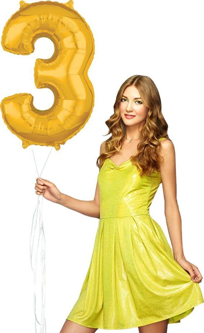 Inclusief helium ballon cijfer 3  gevuld goudkleurig.