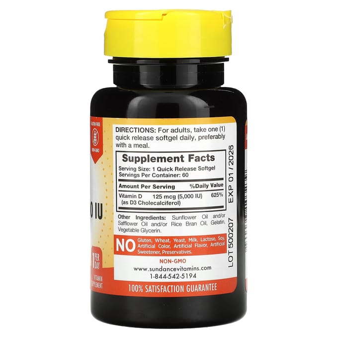 Vitamines Sundance, vitamine D3 à haute concentration, 125 mcg (5 000 UI), 60 capsules molles à libération rapide