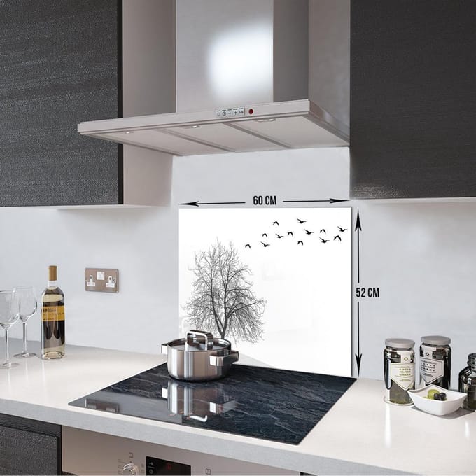Boom en Vogels Tempered Glas Spatbescherming Voor Achter de Kookplaat 52cm x 60cm