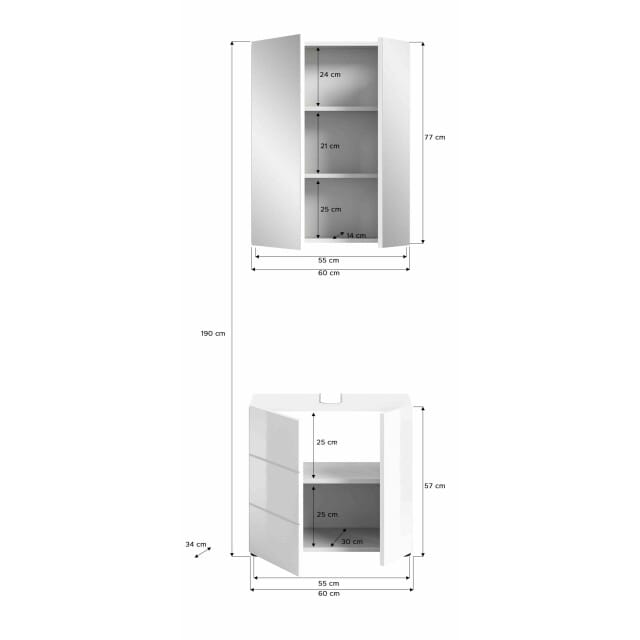 Vira badkamercombinatie wit hoogglans MDF TZ - 34x60x190cm