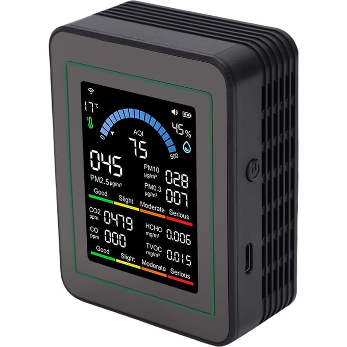 10-in-1   Kwaliteitsmonitor, Kleuren LCD-scherm Binnen PM0.3CelsiusPM2.5CelsiusPM10CelsiusCOCelsiusCO2CelsiusHCHOCelsiusTVOCCelsiusTempCelsiusVochtigheid D gray