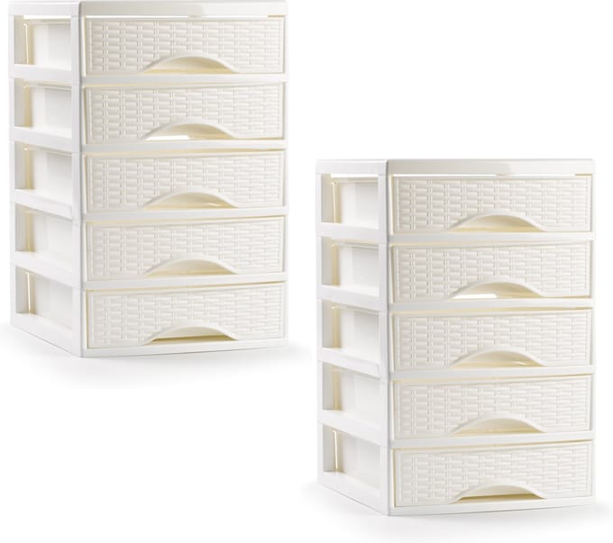 PlasticForte ladeblokje/bureau organizer - 2x - 5 lades - ivoor wit - L18 x B21 x H28 cm