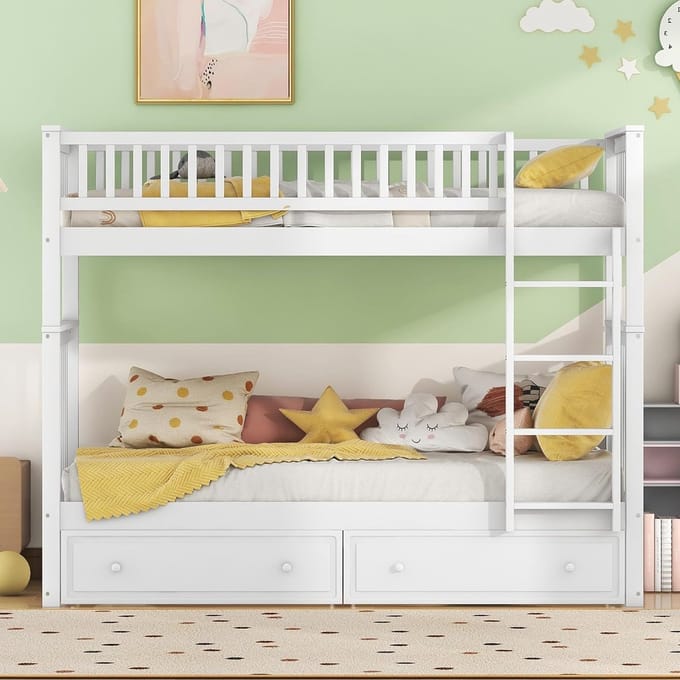 Stapelbed met Laden - Kinderbed Cabrio - Ruimte Besparen - Omvormbaar naar twee bedden - 90 x 200 cm - Wit