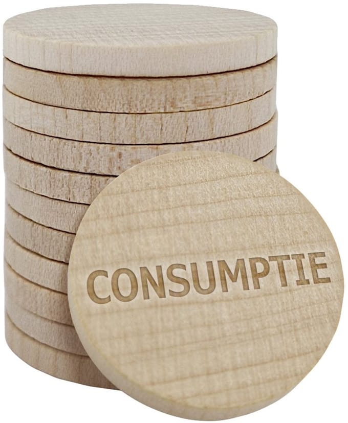 CombiCraft houten munten met gravering 'Consumptie' 29mm - per 100 stuks