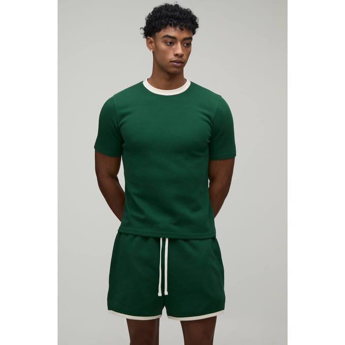 Slim Boxy Waffle Ringer T-Shirt & Racer Shorts Set | Forest | Size XL