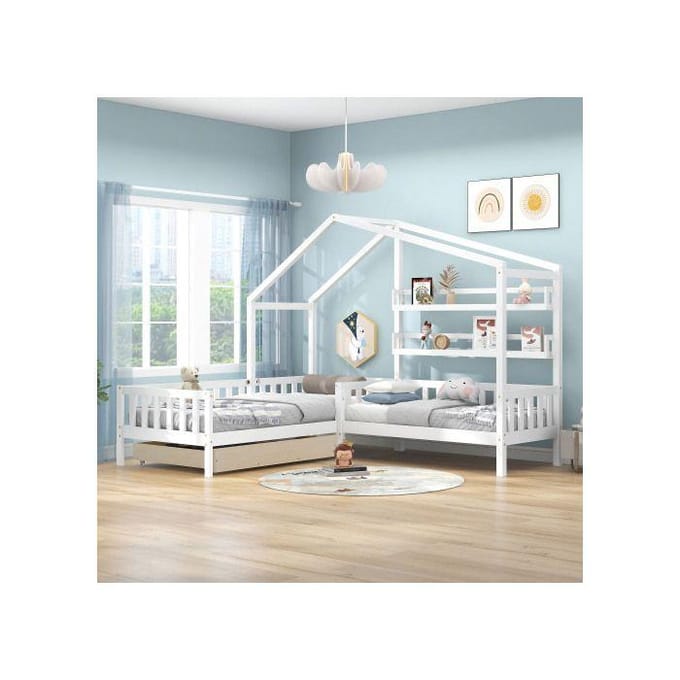 Lit enfant - MUVOE - Lit cabane - Bois massif - Blanc - 90x200 cm + 140x70 cm blanc