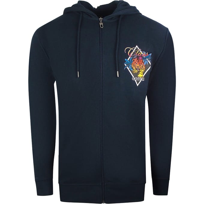 Cavalli Class Diamond-logo marineblauwe hoodie met rits