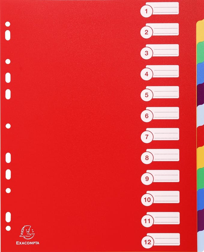Exacompta 15x Tabbladen in stevige Ondoorzichtige PP - 12 tabs - A4 maxi - Geassorteerd - 4812E