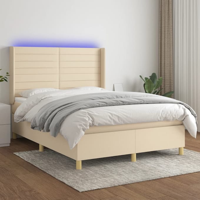 vidaXL - Boxspring - met - matras - en - LED - stof - crèmekleurig - 140x190 - cm