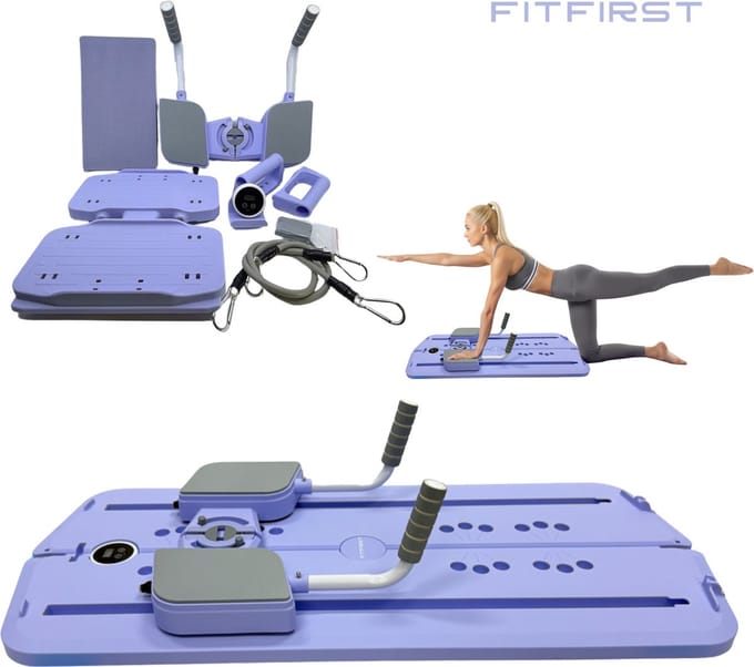 FitFirst Pilates Board | Complete Training in één board | Inclusief WeerstandsBanden & Core Glider | Paars