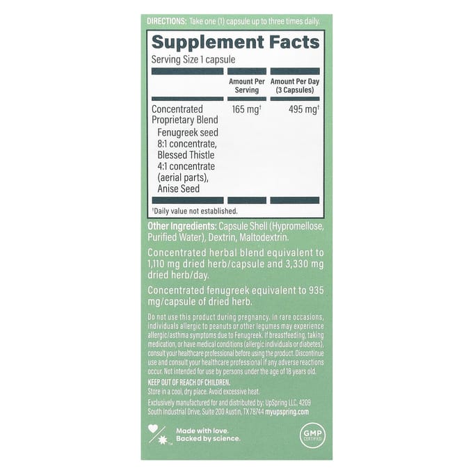 UpSpring, Milkflow, Fenugrec + Chardon béni, 100 capsules végétales