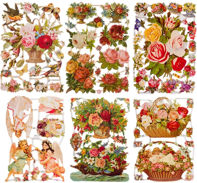 Poëzieplaatjes - 6 vellen - plaatjes - hobby - creatief - decoupage - knutselen - scrapboek - met ENGELEN - ROZEN