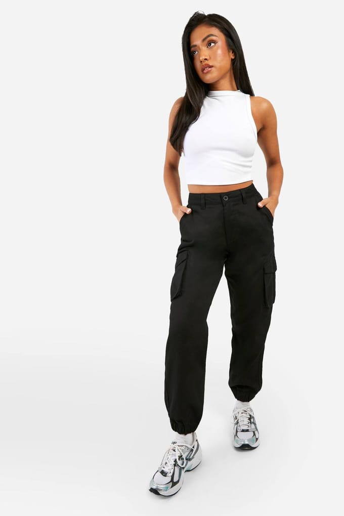 boohoo Dames Petite hoog getailleerde twill cargojoggers | Zwart | Maat: 36
