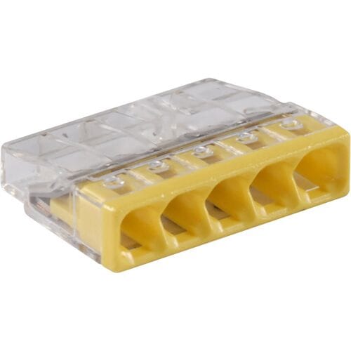 WAGO 2273-205-100 2273 Lasklem Flexibel: 0.5-2.5 mm² Massief: 0.5-2.5 mm² Aantal polen: 5 100 stuk(s) Transparant, Geel Piece