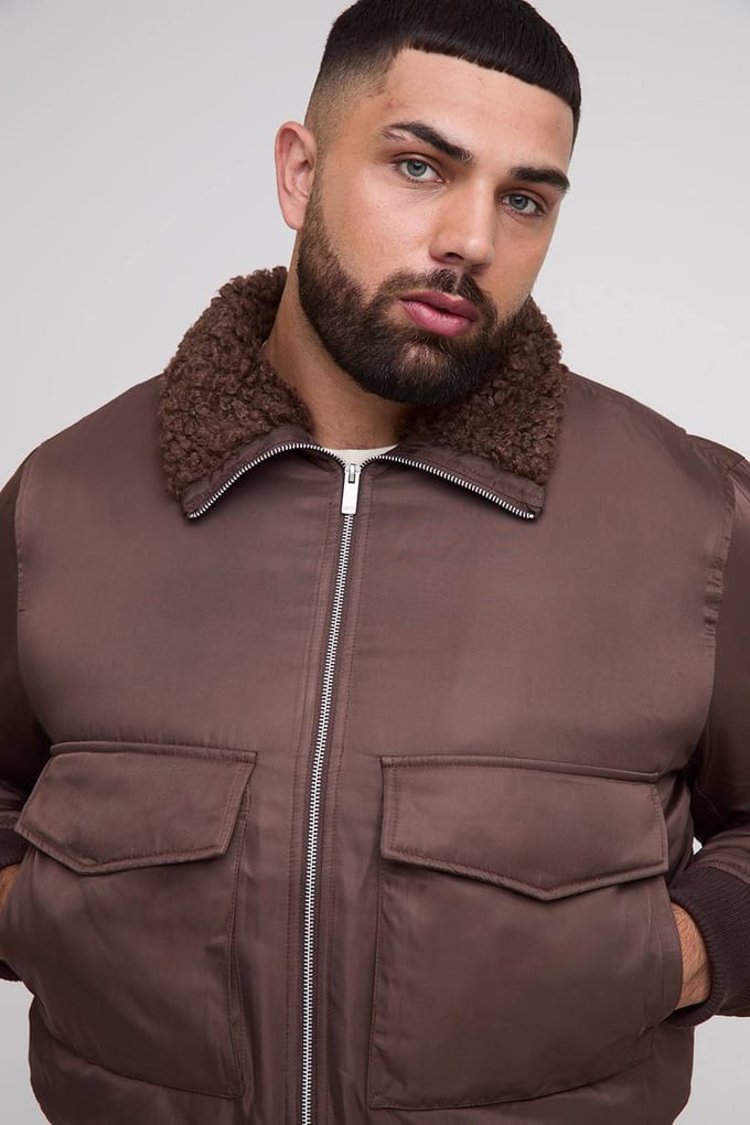 Plus Regular Fit Boucle Borg Collar Nylon Bomber Jacket | Chocolate | Size 2XL