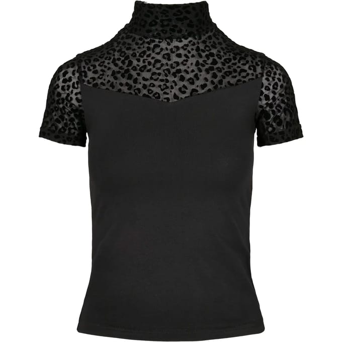 Urban Classics - Flock Lace Turtleneck Dames Tshirt - M - Zwart
