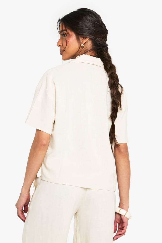 boohoo Dames Premium Linnen Korte Mouwen Overhemd | Steen | Maat: 36