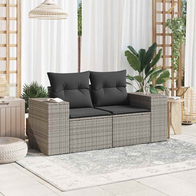vidaXL - Tuinbank - 2-zits - met - kussens - poly - rattan - grijs