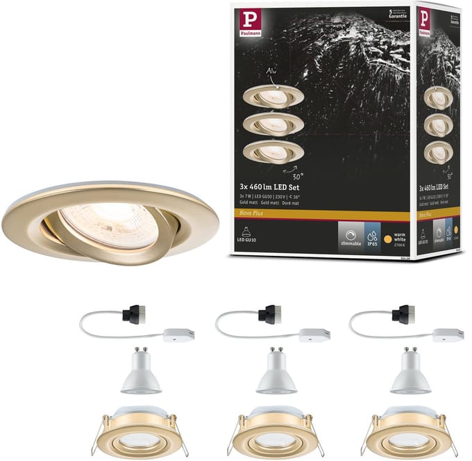 LED-inbouwlamp Nova Plus Set van 3 IP65 rond 93 mm 30° GU10 3x6W 3x460lm 230V dimbaar 2700K Goud mat