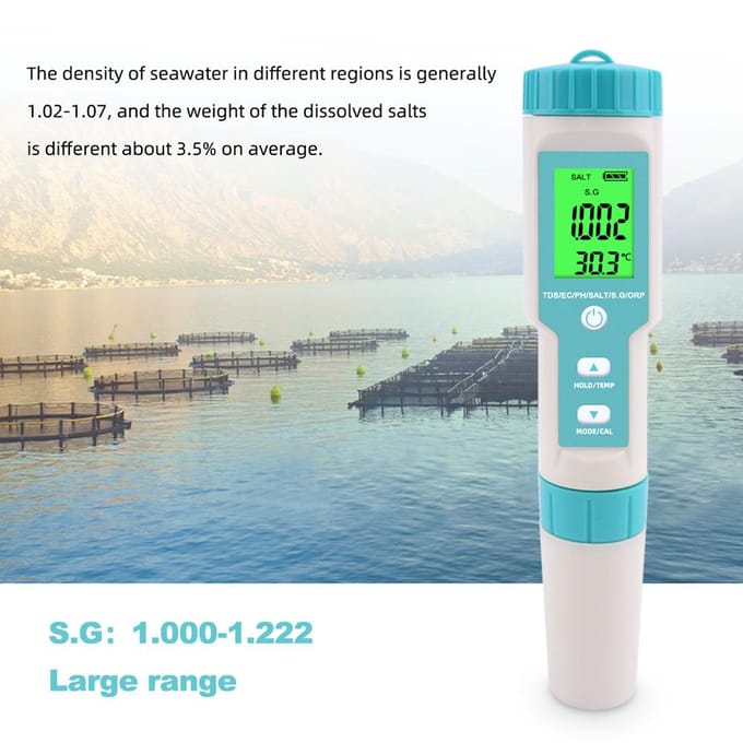 Testeur de qualité de l'eau de poche multi-paramètres 7 en 1 PH/TDS/EC/ORP/SG/salinité/température avec without backlight bleu ciel