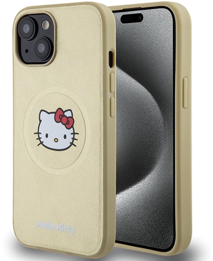 Hello Kitty - Hardcase Leren Hoesje - iPhone 15 - Goud - MagSafe Compatibel
