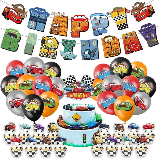 39 stuks Auto's Feestversieringen Inclusief Banner, Ballonnen, Taarttoppers voor Kinderen black