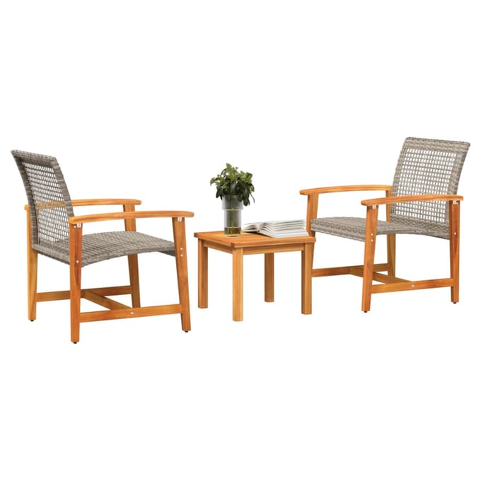 vidaXL - 3-delige - Bistroset - poly - rattan - en - acaciahout - grijs