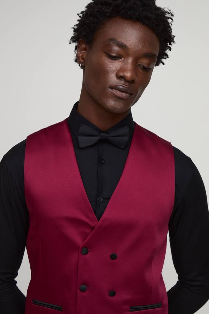 Slim Fit Satin Waistcoat | Burgundy | Size 50