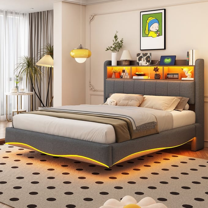 Sweiko Gestoffeerd bed - 140*200cm - LED-verlichting - Laderpoort - Linnen - Grijs