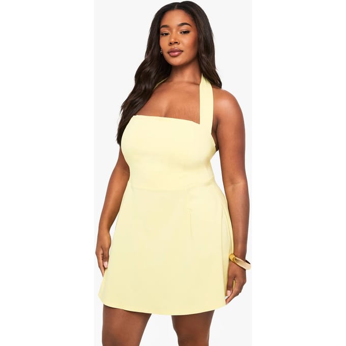 boohoo Dames Plus Bengaline Halterneck Mini Jurk | Lemon | Maat: 22