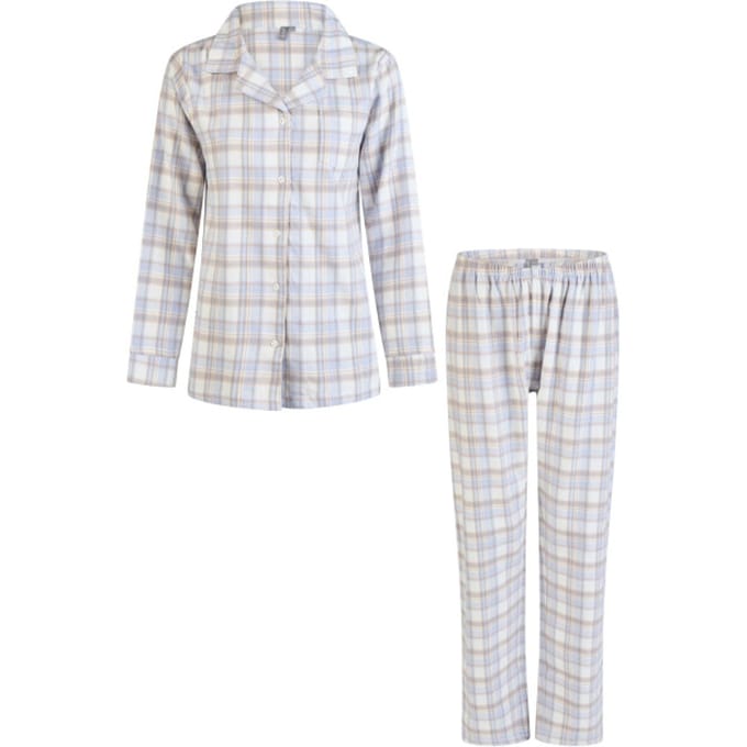 By Louise Dames Pyjama Set Flanel Lang Met Knoopsluiting Blauw/Wit Geruit - Maat L