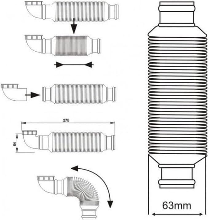 Ruimtebesparende Sifon - Flexibele Afvoer - Onder Spoelbak - Compact Ontwerp - 32 mm Diameter - Zilver